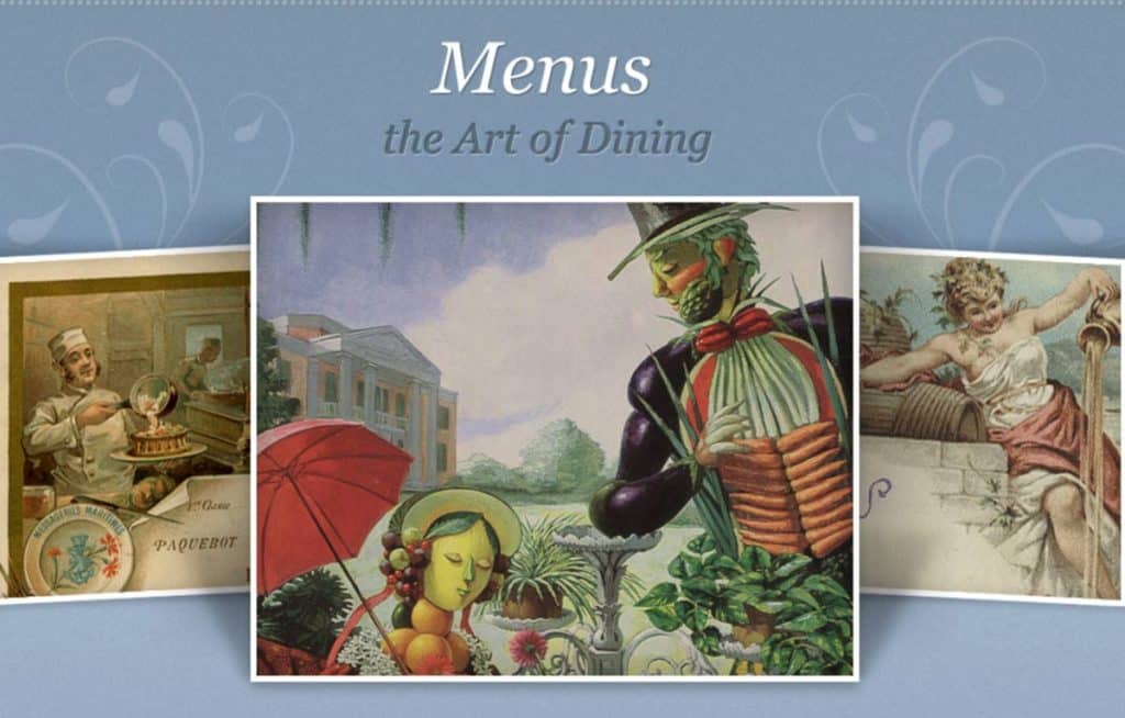 menus the art of dining website blue white title