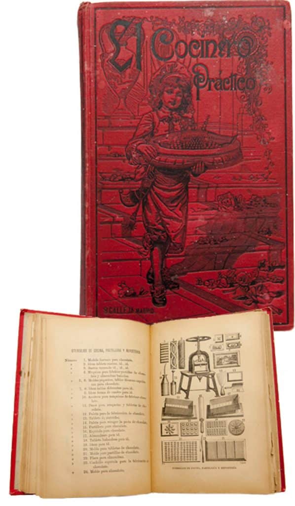 El Cocinero Practico red cover book with a cook holding a roast