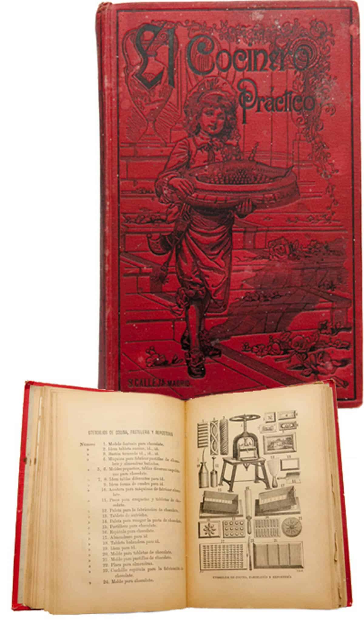 El Cocinero Practico red cover book with a cook holding a roast