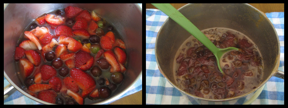 before & after of fruit in sauce pan