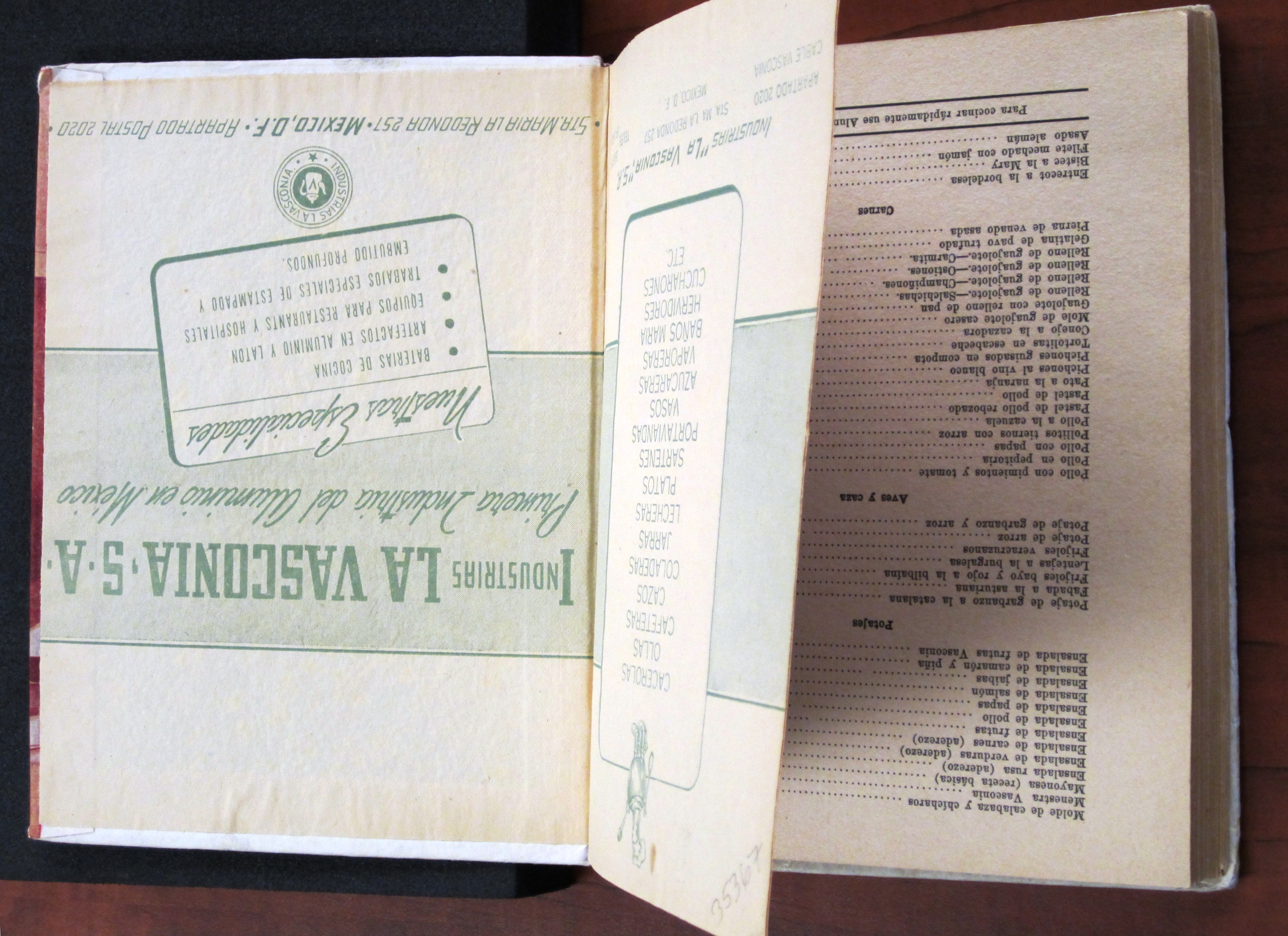 Inside the front cover of La Cocina de la Vasconia [194?]