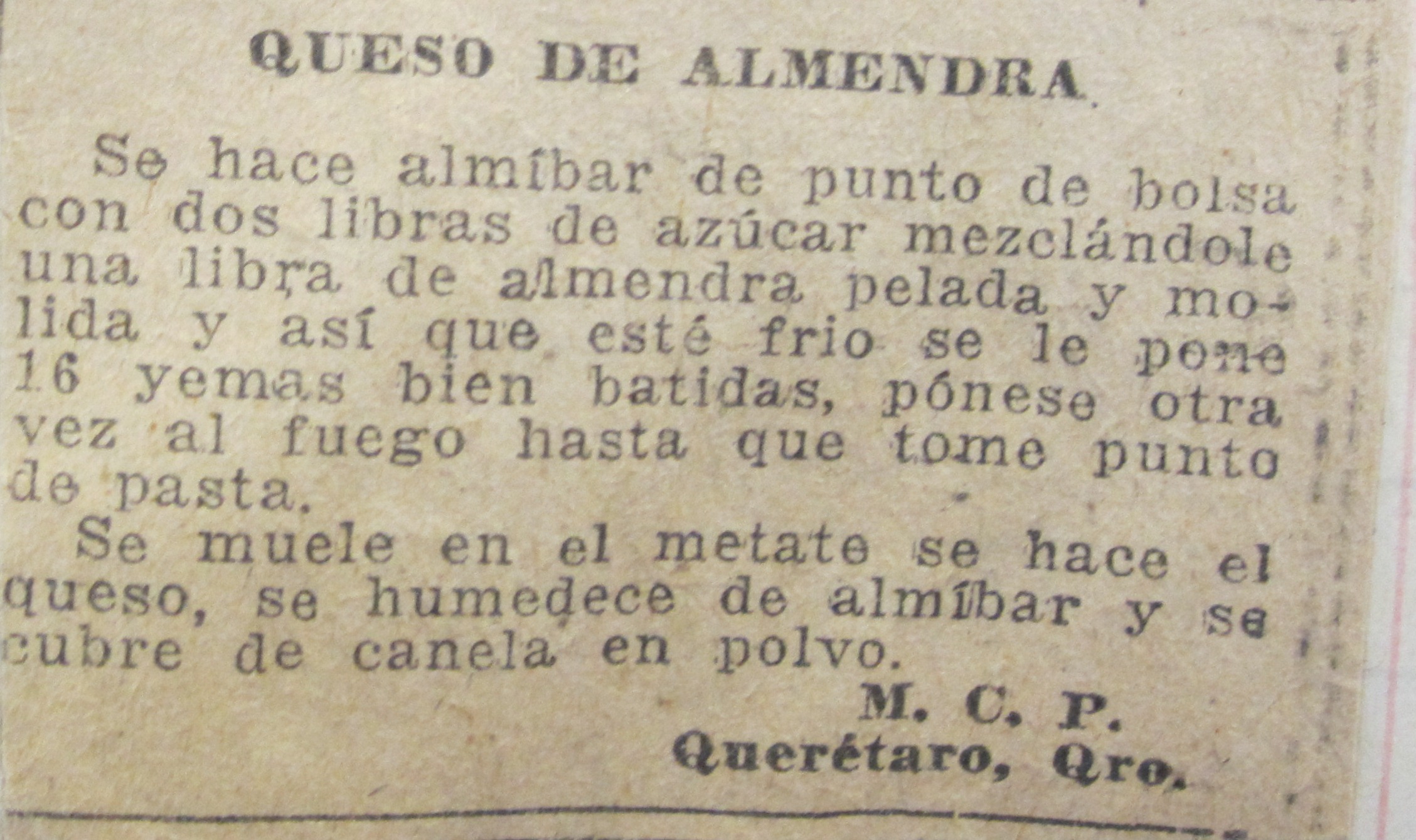 Queso de Almendra recipe from Recipe scrapbook : Huamantla, Tlaxcala, Mexico (1920s).