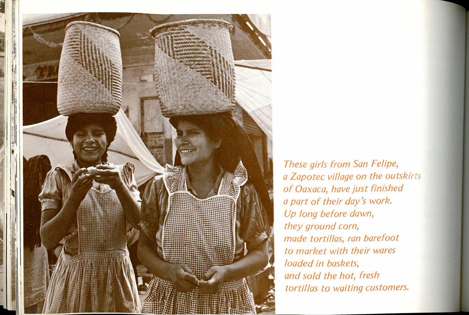 Girls from San Felipe carrying baskets. Photograph of Market in Oaxaca (28). The Mexican Cook Book (1971) by George and Inger Wallace. UTSA Libraries Special Collections. 