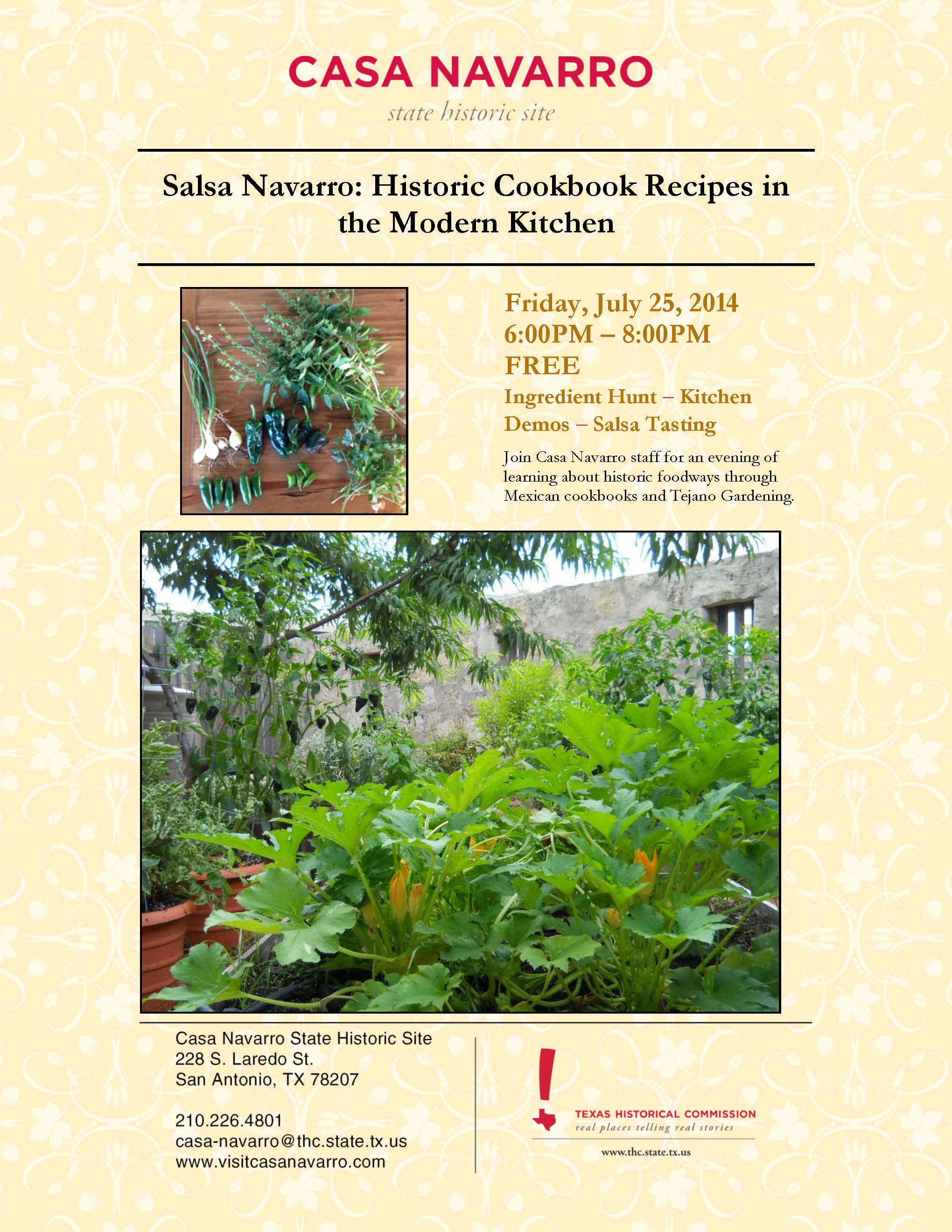 Salsa Navarro Event Flyer. 6-8pm on July 25th at Casa Navarro Historic Site