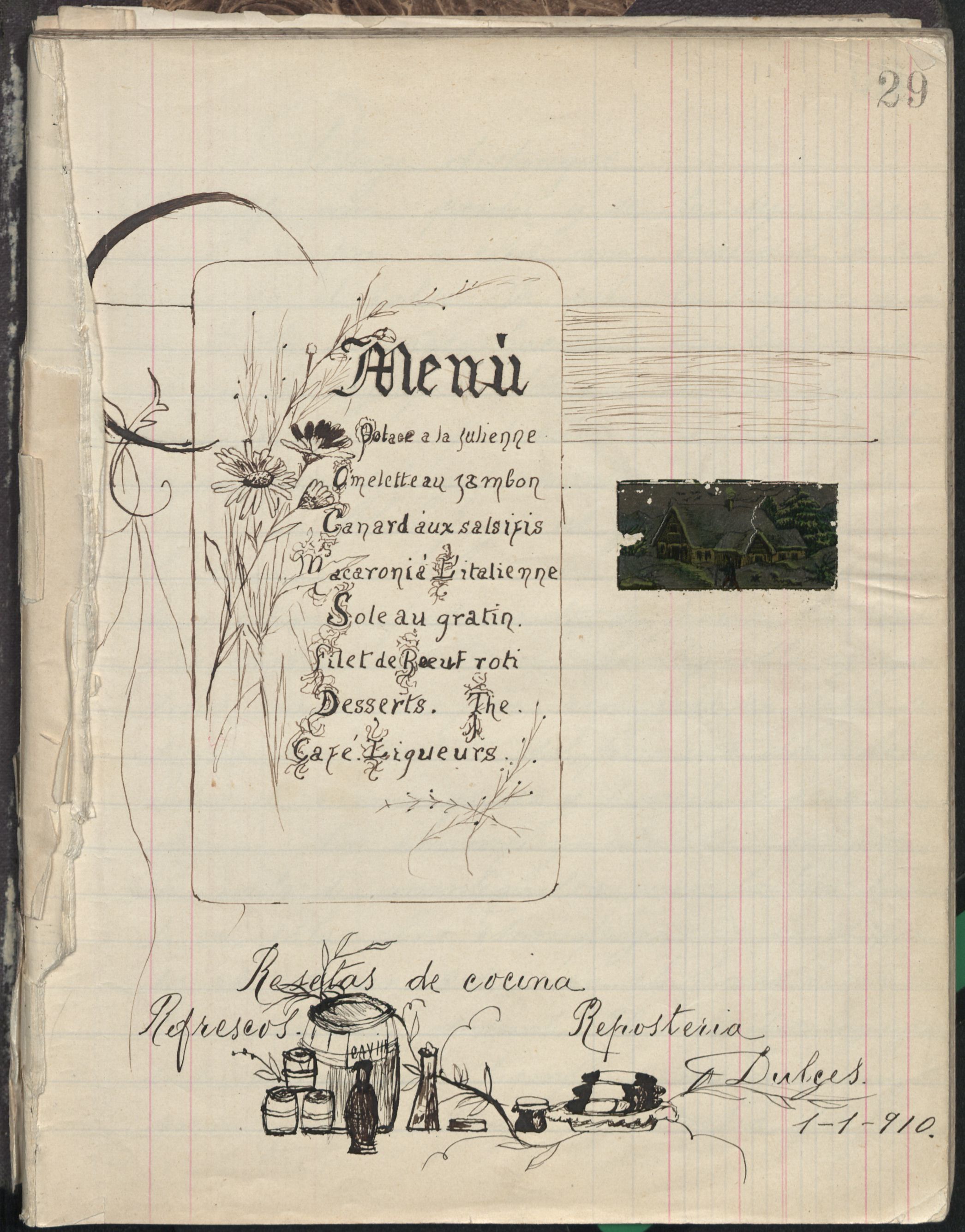 Resetas de Cocina: Refrescos, Reposteria, Dulces. 1910 manuscript cookbook written by Cármen Volante. TX716 .M4 V653 1910. UTSA Libraries Special Collections. 