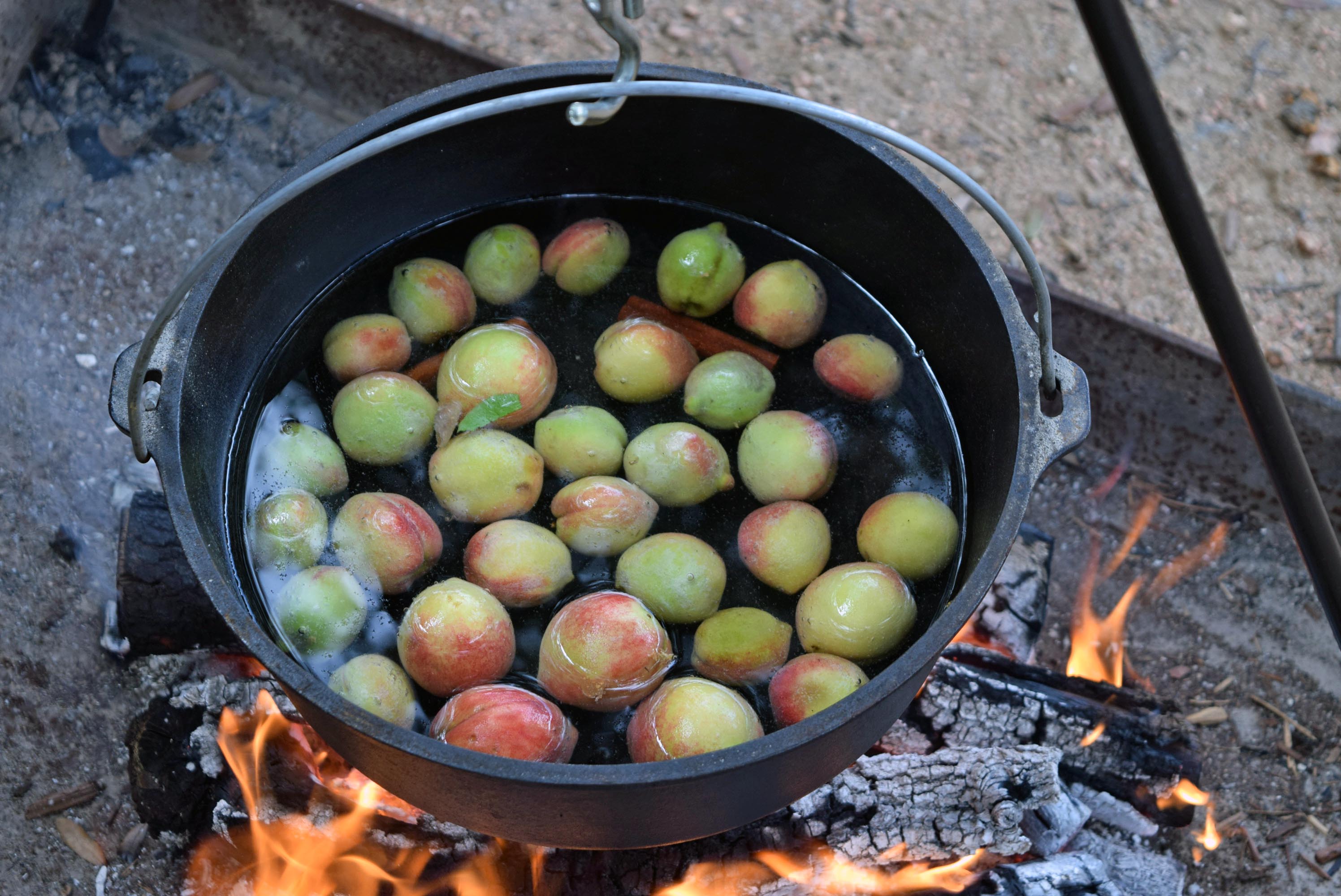 Peaches and cinnamon boiling in a cast iron pot.Peaches and cinnamon boiling in a cast iron pot.