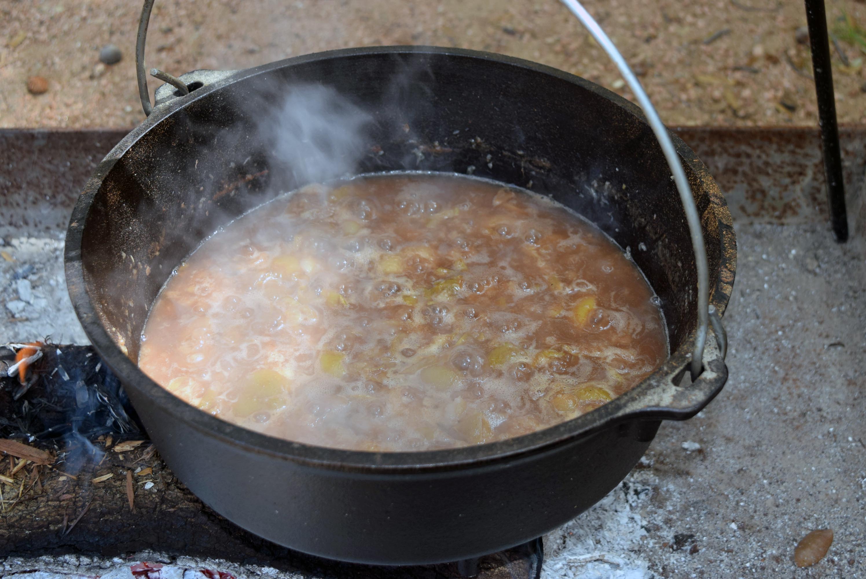 Peach sauce boiling over fire after seeds were removed.