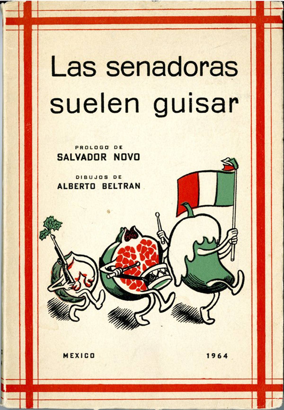 Book cover, a poblano pepper, a pomegranate and a fig marching with the mexican flag