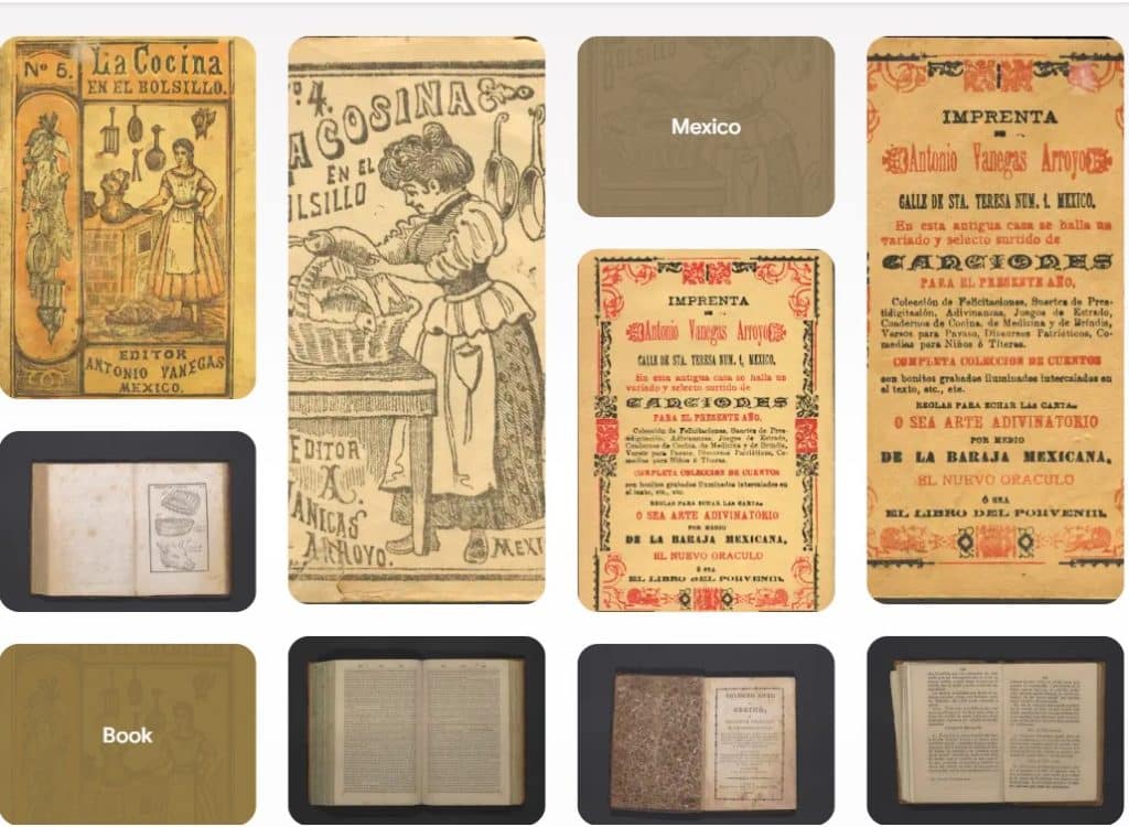 Grid of images showing covers and pages from early Mexican cookbooks, including illustrated and text‑only title pages, printer imprints, and open books with recipes.