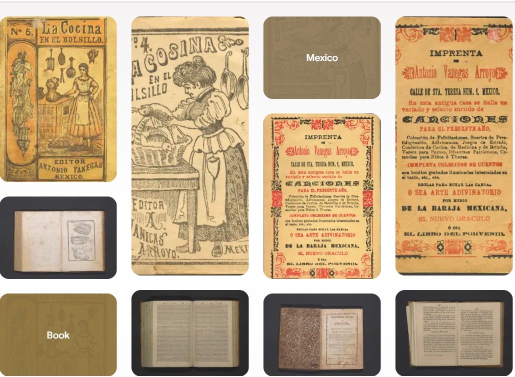 Grid of images showing covers and pages from early Mexican cookbooks, including illustrated and text‑only title pages, printer imprints, and open books with recipes.