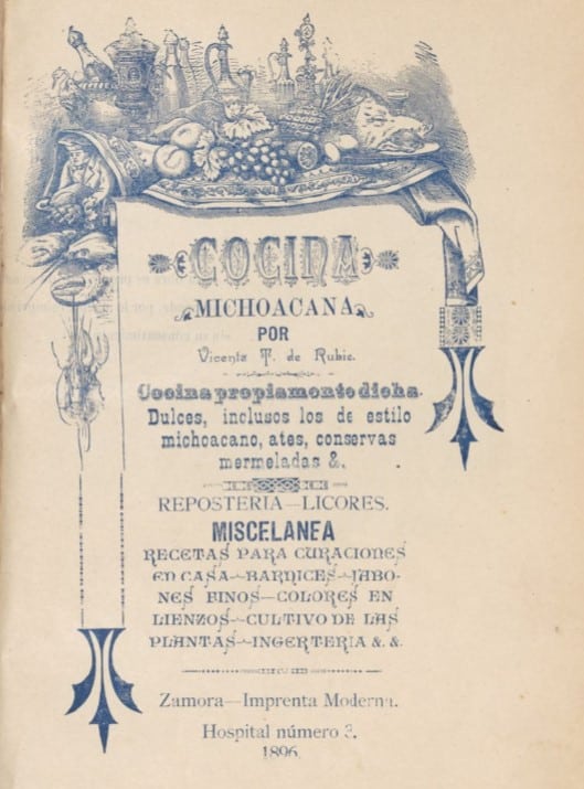 Title page of Cocina Michoacana. Decorative illustration of foods surrounding the title.