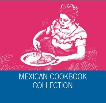 woodcut of a woman cooking with the words Mexican Cookbook Collection below.